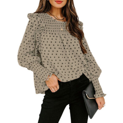 Ruffled Lantern Sleeve Polka Dot Chiffon Shirt Top - Image 4