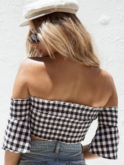 Women's word -shoulder flared sleeve grid tube top top - Image 4