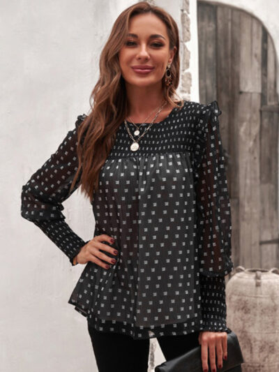 Ruffled Lantern Sleeve Polka Dot Chiffon Shirt Top - Image 9