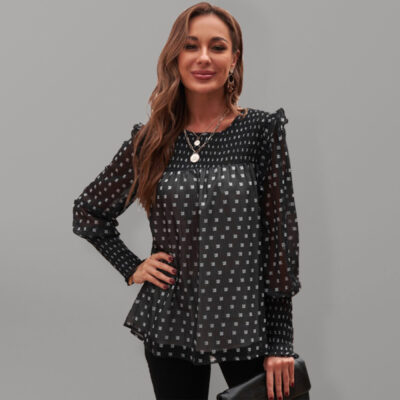 Ruffled Lantern Sleeve Polka Dot Chiffon Shirt Top - Image 3