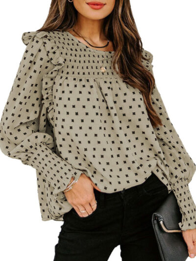 Ruffled Lantern Sleeve Polka Dot Chiffon Shirt Top - Image 10