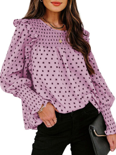 Ruffled Lantern Sleeve Polka Dot Chiffon Shirt Top