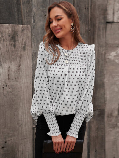 Ruffled Lantern Sleeve Polka Dot Chiffon Shirt Top - Image 2