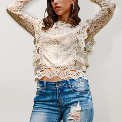 Hollow lace long-sleeved fresh and sweet beauty top - Image 3