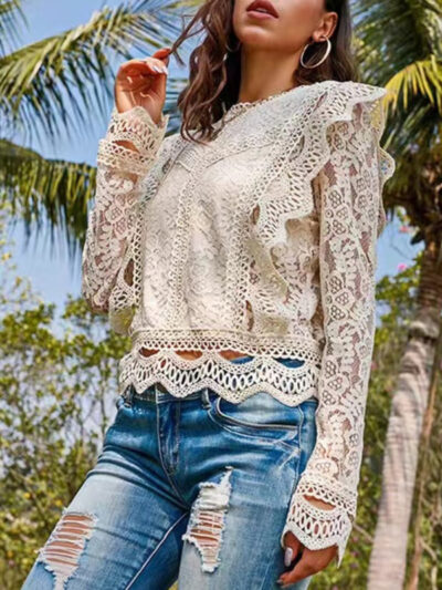 Hollow lace long-sleeved fresh and sweet beauty top - Image 10