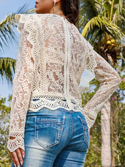 Hollow lace long-sleeved fresh and sweet beauty top - Image 9