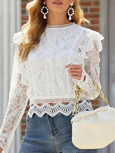 Hollow lace long-sleeved fresh and sweet beauty top - Image 6