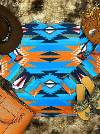 Women's Casual Ethnic Aztec V-Neck Long Sleeve T-Shirt - Image 2