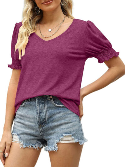 Summer Women's Puff Sleeve Pleated Short Sleeve V Neck T-Shirt - Image 10