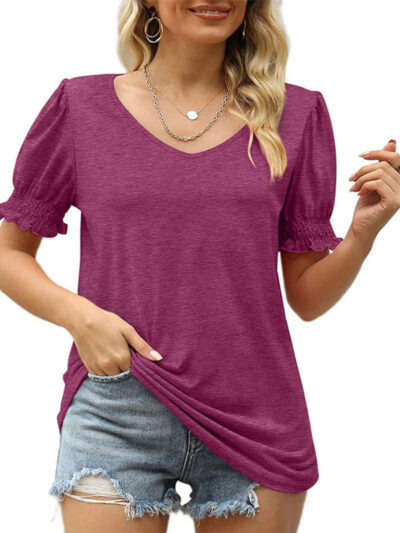 Summer Women's Puff Sleeve Pleated Short Sleeve V Neck T-Shirt - Image 11