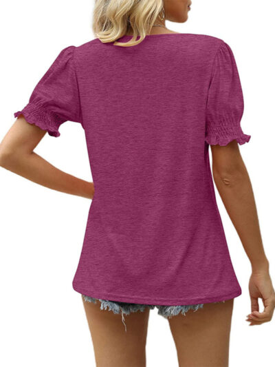 Summer Women's Puff Sleeve Pleated Short Sleeve V Neck T-Shirt - Image 9