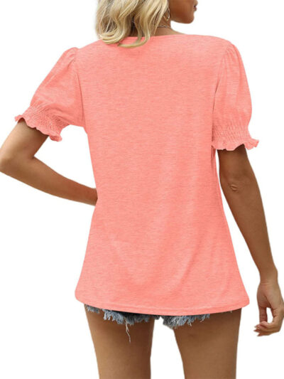 Summer Women's Puff Sleeve Pleated Short Sleeve V Neck T-Shirt - Image 6