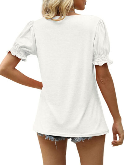 Summer Women's Puff Sleeve Pleated Short Sleeve V Neck T-Shirt - Image 3