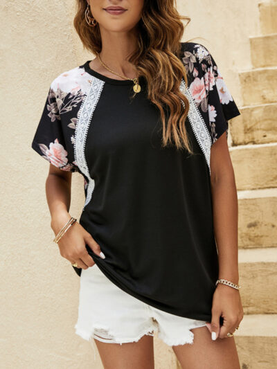 Summer casual dolman sleeve print stitching European and American T-shirt - Image 3