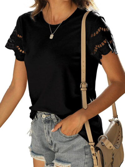 Summer lace stitching short-sleeved T-shirt round neck top - Image 9