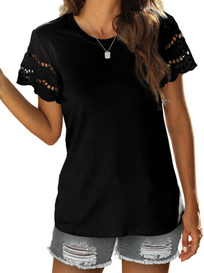 Summer lace stitching short-sleeved T-shirt round neck top - Image 7