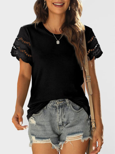 Summer lace stitching short-sleeved T-shirt round neck top