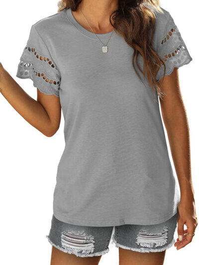 Summer lace stitching short-sleeved T-shirt round neck top - Image 22