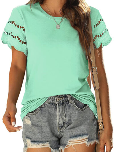 Summer lace stitching short-sleeved T-shirt round neck top - Image 6