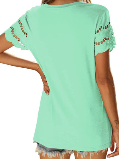 Summer lace stitching short-sleeved T-shirt round neck top - Image 24