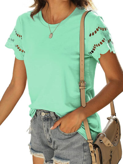 Summer lace stitching short-sleeved T-shirt round neck top - Image 25