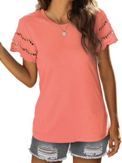 Summer lace stitching short-sleeved T-shirt round neck top - Image 16