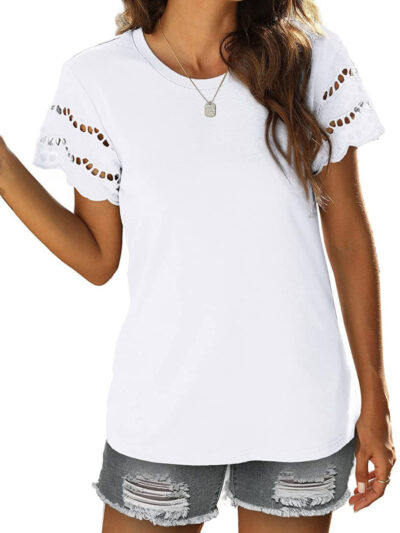 Summer lace stitching short-sleeved T-shirt round neck top - Image 4