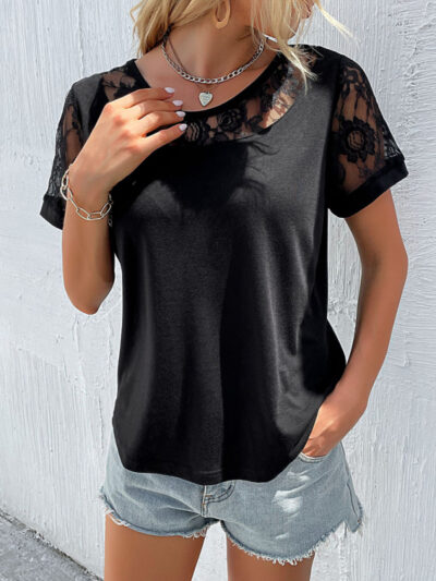 Women's lace hollow stitching top short-sleeved t-shirt - Image 2