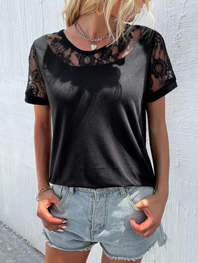 Women's lace hollow stitching top short-sleeved t-shirt - Image 4