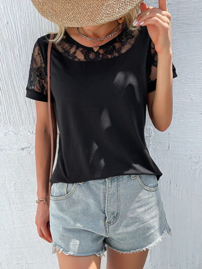 Women's lace hollow stitching top short-sleeved t-shirt - Image 5