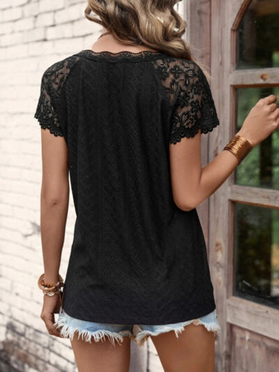 Women's summer V-neck short-sleeved stitching lace sleeve women's top - Image 6