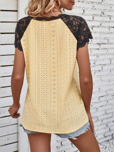 Women's summer V-neck short-sleeved stitching lace sleeve women's top - Image 2