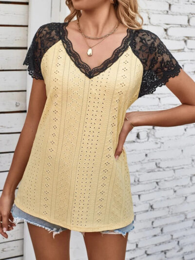 Women's summer V-neck short-sleeved stitching lace sleeve women's top - Image 3