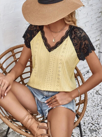 Women's summer V-neck short-sleeved stitching lace sleeve women's top