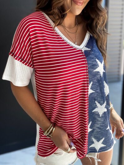 Women's Knitted Personality Stitching Stripe Stars Print Independence Day Short Sleeve T-Shirt - Image 2