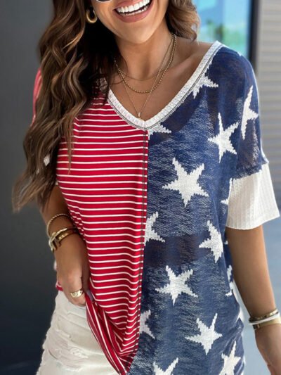 Women's Knitted Personality Stitching Stripe Stars Print Independence Day Short Sleeve T-Shirt - Image 3