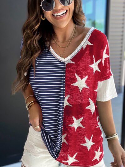 Women's Knitted Personality Stitching Stripe Stars Print Independence Day Short Sleeve T-Shirt