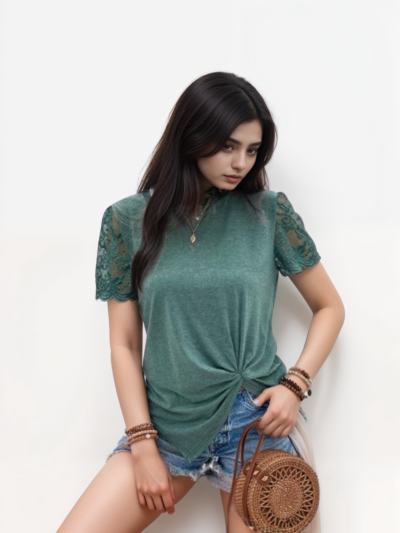 Round neck patchwork lace T-shirt