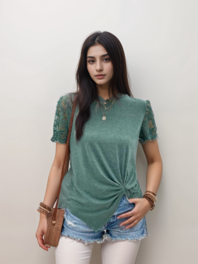 Round neck patchwork lace T-shirt