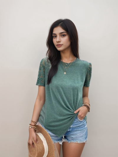 Round neck patchwork lace T-shirt