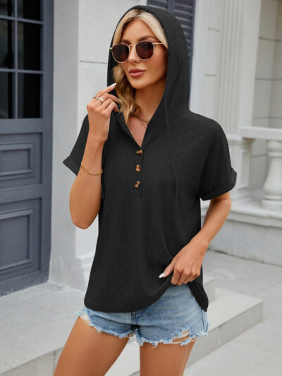 Women's buttoned hooded drawstring short-sleeved T-shirt top - Image 19