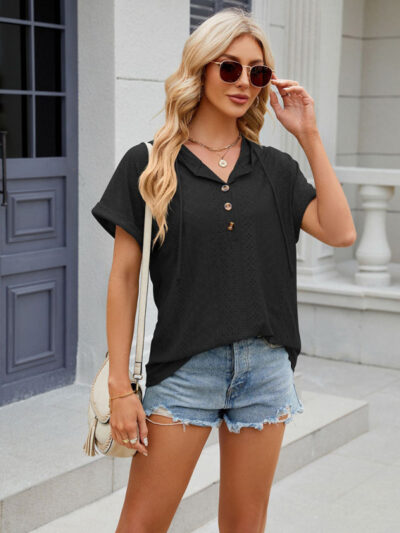 Women's buttoned hooded drawstring short-sleeved T-shirt top - Image 21