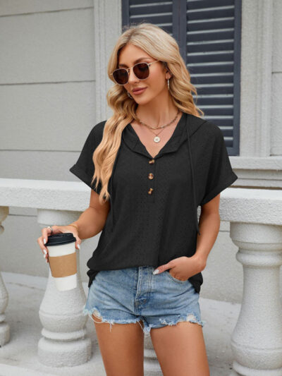 Women's buttoned hooded drawstring short-sleeved T-shirt top - Image 20