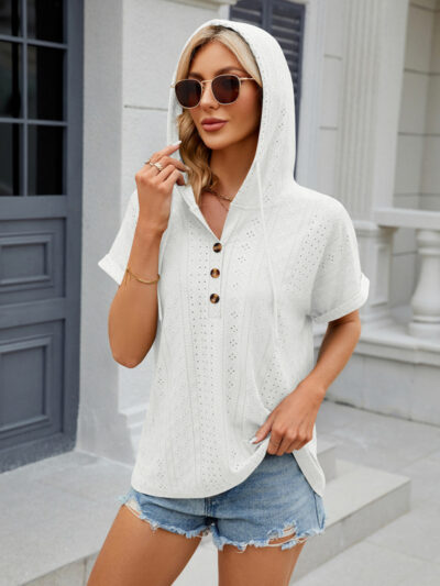 Women's buttoned hooded drawstring short-sleeved T-shirt top - Image 11