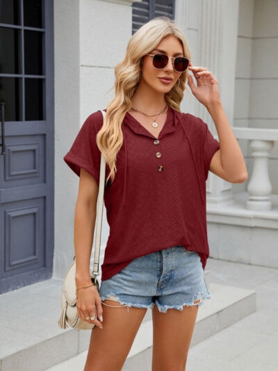 Women's buttoned hooded drawstring short-sleeved T-shirt top - Image 9