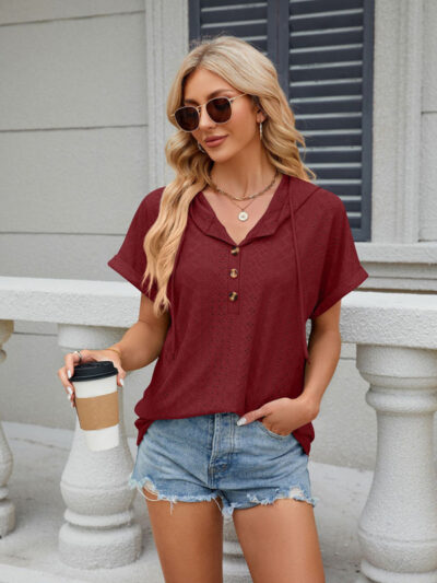 Women's buttoned hooded drawstring short-sleeved T-shirt top - Image 8