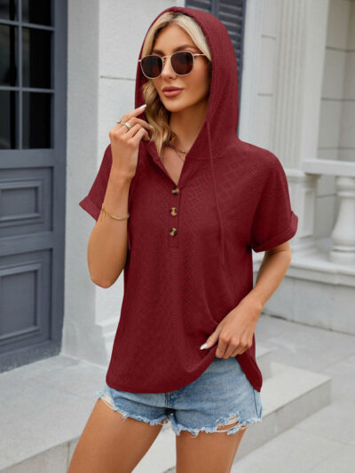 Women's buttoned hooded drawstring short-sleeved T-shirt top - Image 7