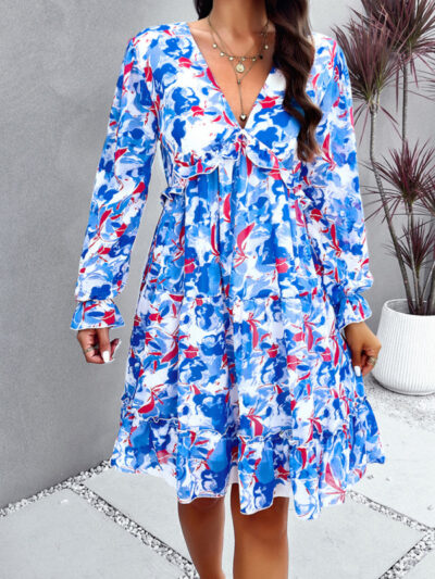 Elegant printed V-neck long-sleeved dress - Image 11