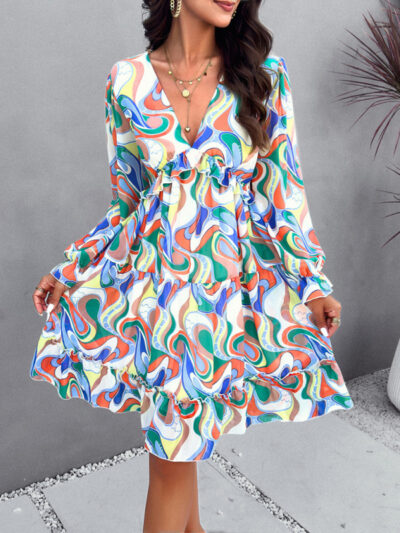 Elegant printed V-neck long-sleeved dress - Image 18