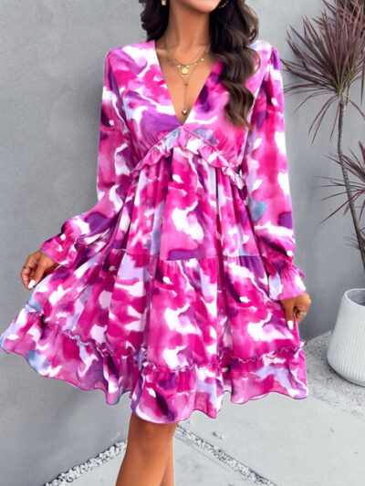 Elegant printed V-neck long-sleeved dress - Image 3